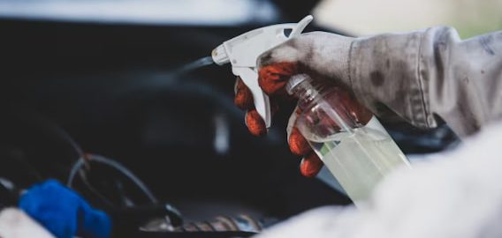 descontaminante sendo usado em carro por mão de homem